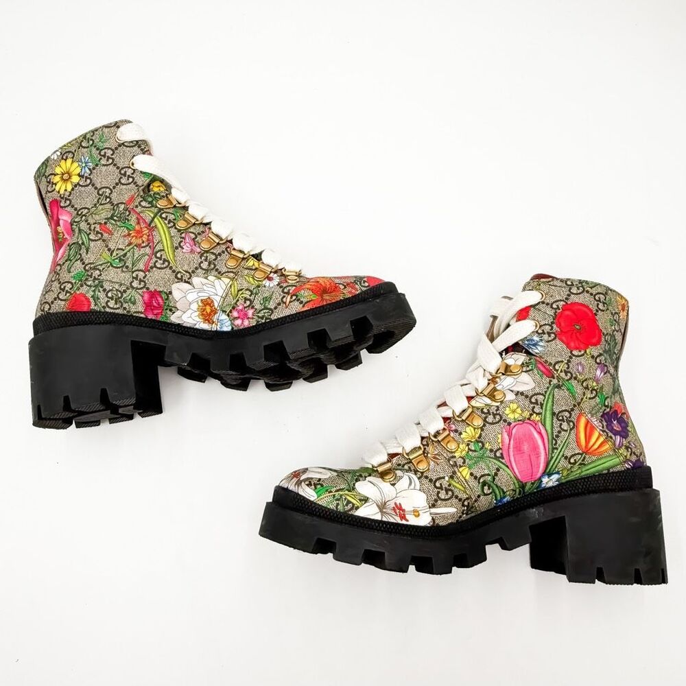 Gucci GG Monogram Supreme Floral Lace Up Combat Boot EU 39 US 9 - Picture 7 of 12